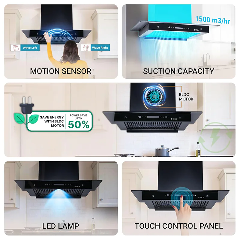 Elica 60cm 1500 m3/hr BLDC Filterless BLDC Autoclean Kitchen Chimney | Black